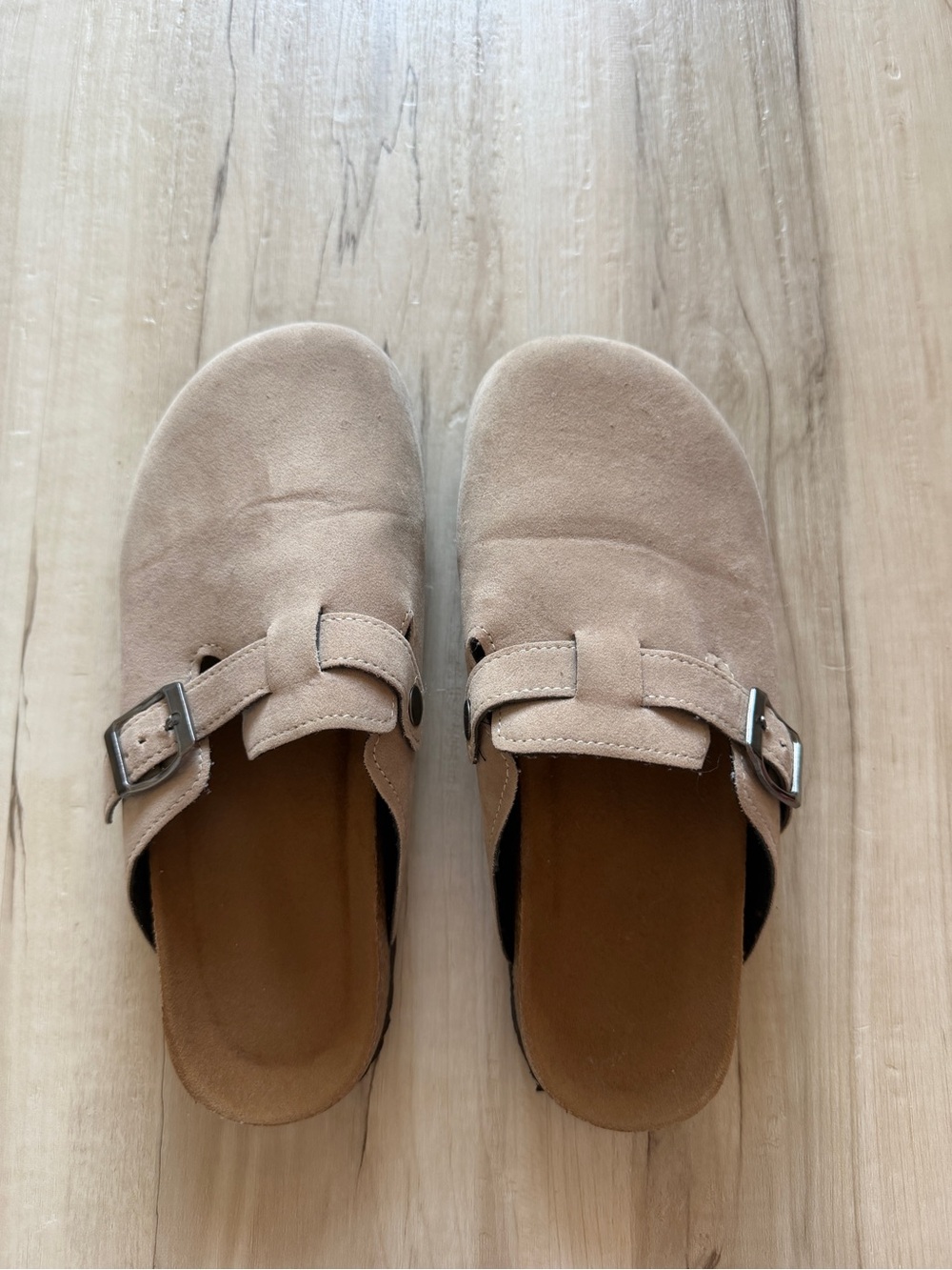Women's Suede Slip-On Buckle Clogs in Light Beige